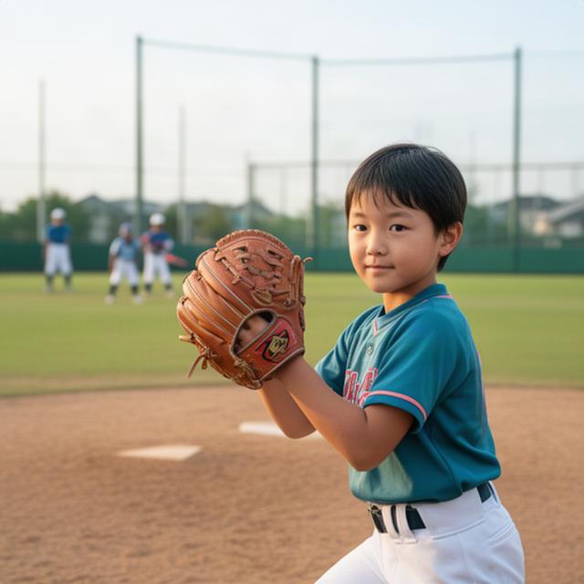 松戸市の少年野球場で小学生が軽量グラブを手に構える様子